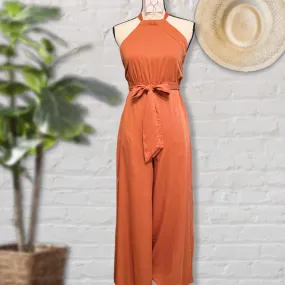 BELTED SLEEVELESS HALTER JUMPSUIT