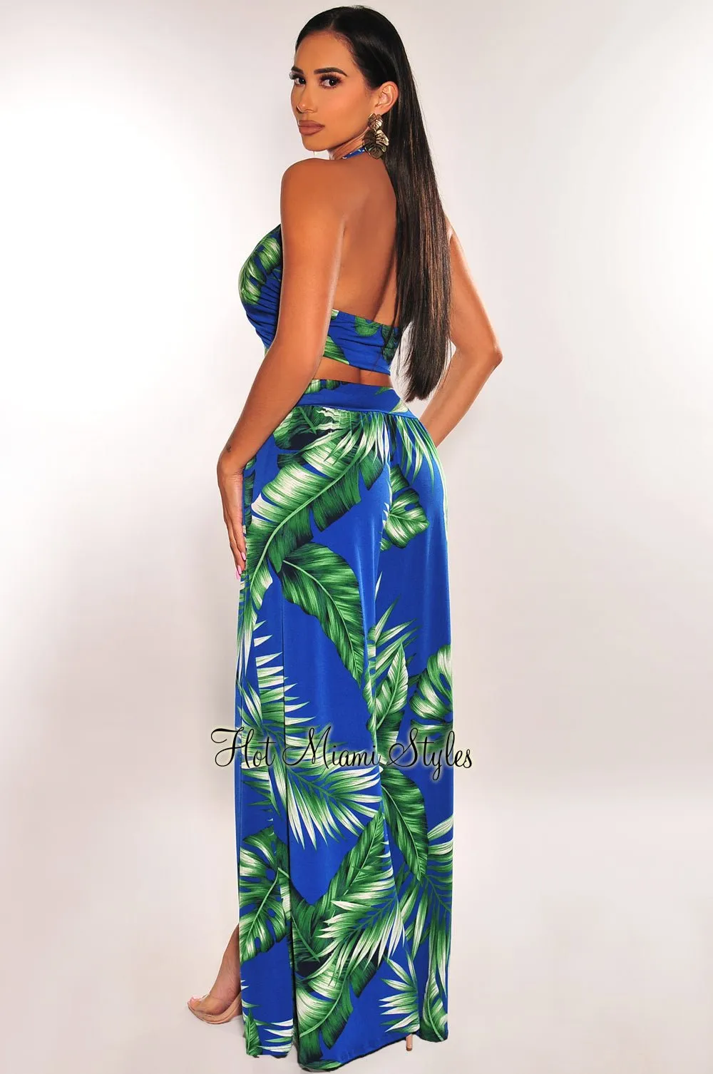 Blue Green Tropical Print Criss Cross Wrap Halter Palazzo Jumpsuit