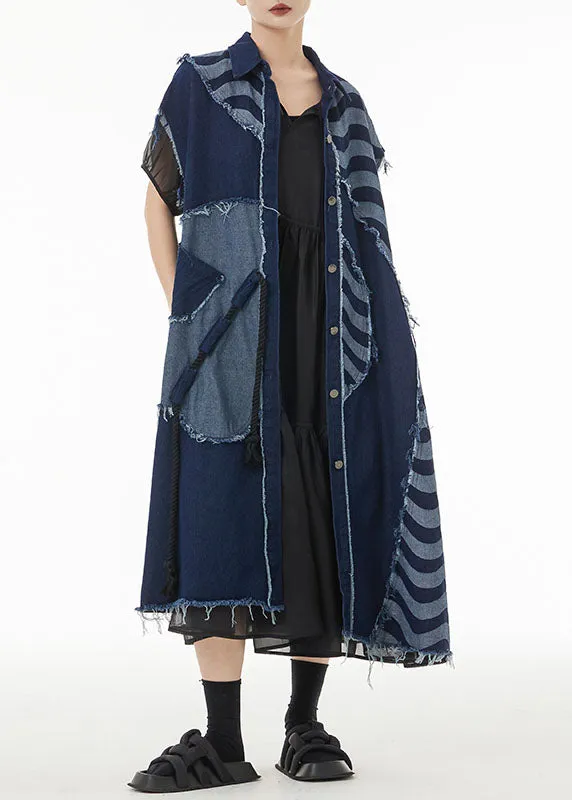 Boho Blue Asymmetrical Patchwork Cotton Denim Long Cardigans Sleeveless