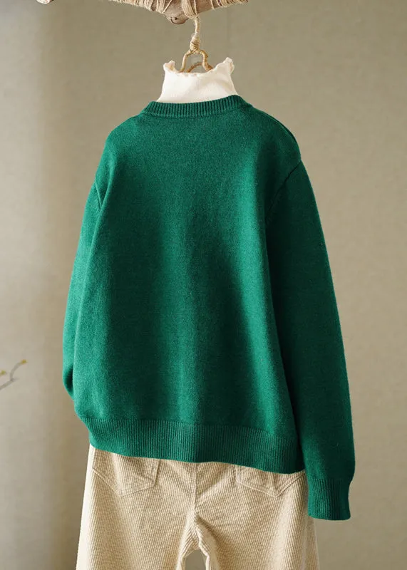 Boutique Green O-Neck Embroideried Button Knitted Cotton Thread Cardigans Fall HA1009