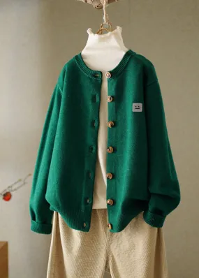 Boutique Green O-Neck Embroideried Button Knitted Cotton Thread Cardigans Fall HA1009