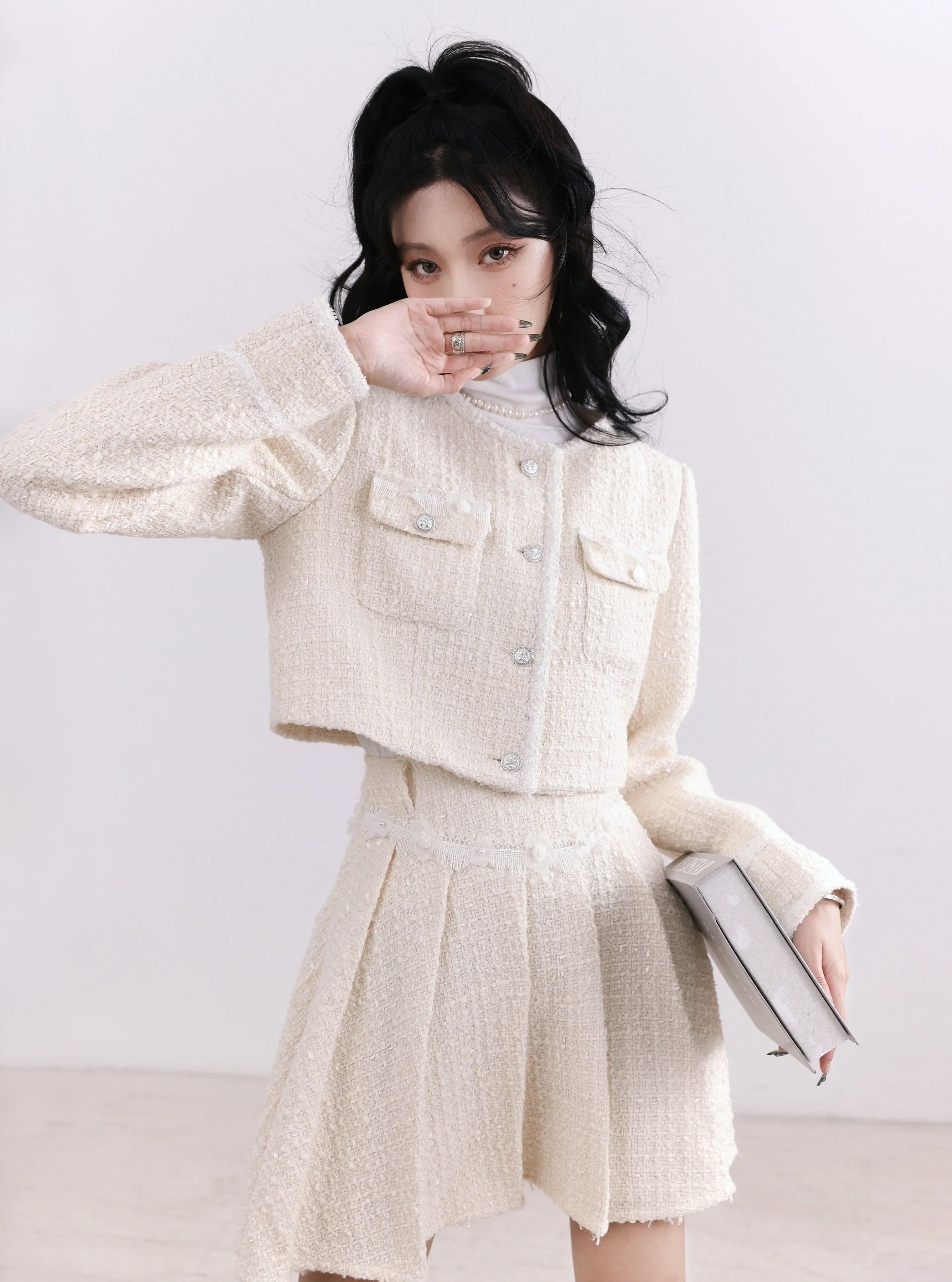 Chanel-Inspired Tweed Crop Jacket and Pleated Skirt Set - Ivory Elegance