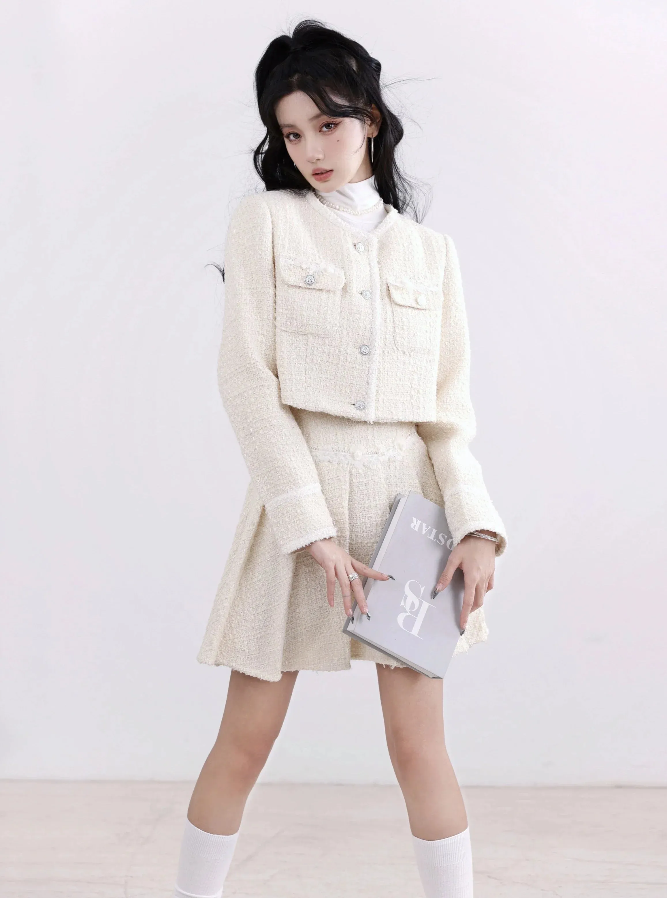 Chanel-Inspired Tweed Crop Jacket and Pleated Skirt Set - Ivory Elegance