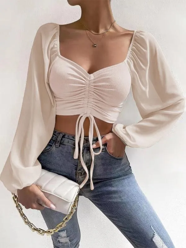 Chic Adjustable Drawstring Chiffon Knit Blouse - Fashionable Women's Top