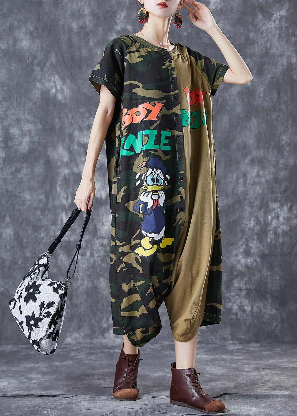 Chic Camouflage Oversized Patchwork Appliques Cotton Jumpsuits Summer LY5691