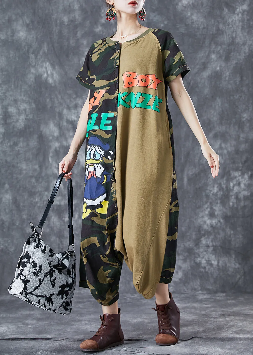 Chic Camouflage Oversized Patchwork Appliques Cotton Jumpsuits Summer LY5691