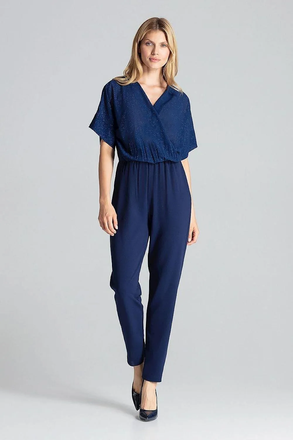 Chic Navy Blue Brocade Jumpsuit with Stylish Design