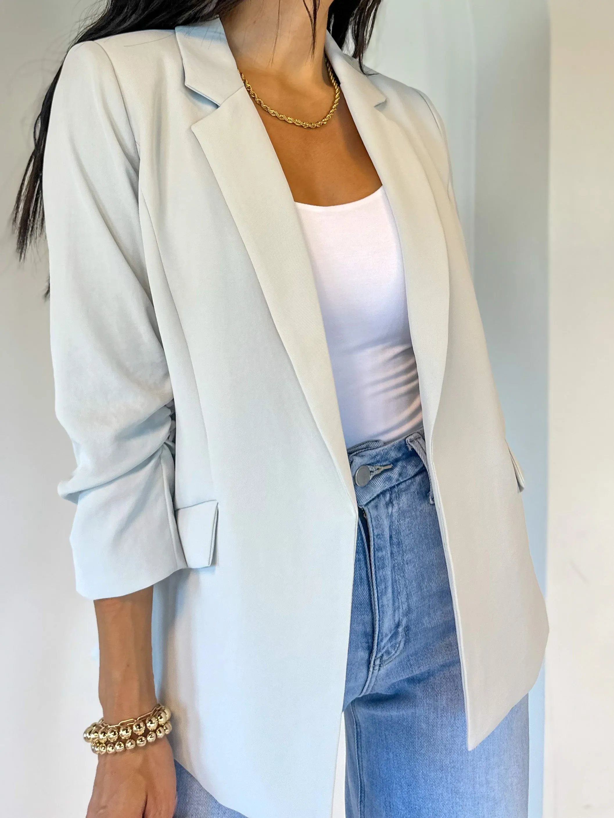 Chic Shirred Sleeve Blazer - Dove Grey