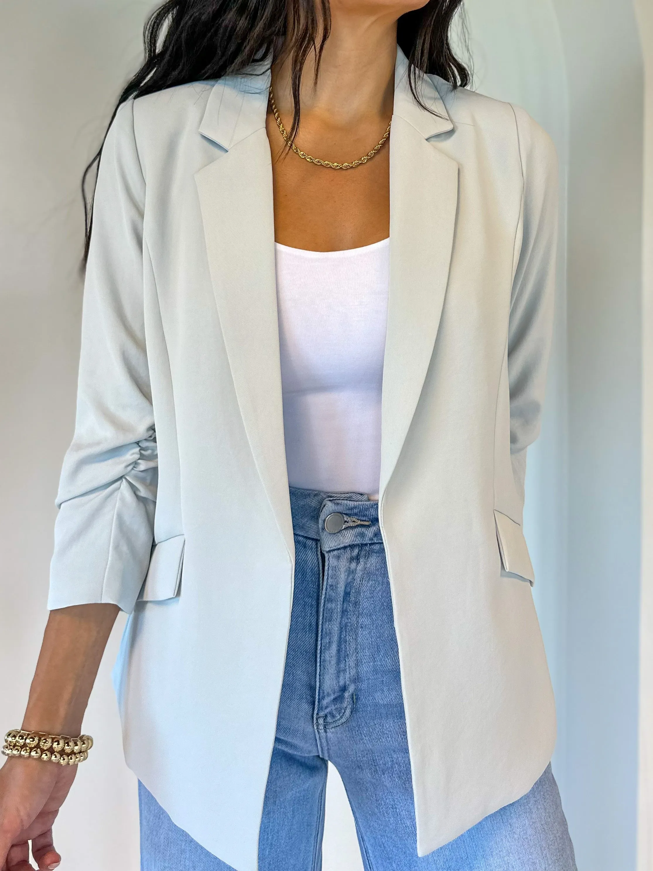 Chic Shirred Sleeve Blazer - Dove Grey