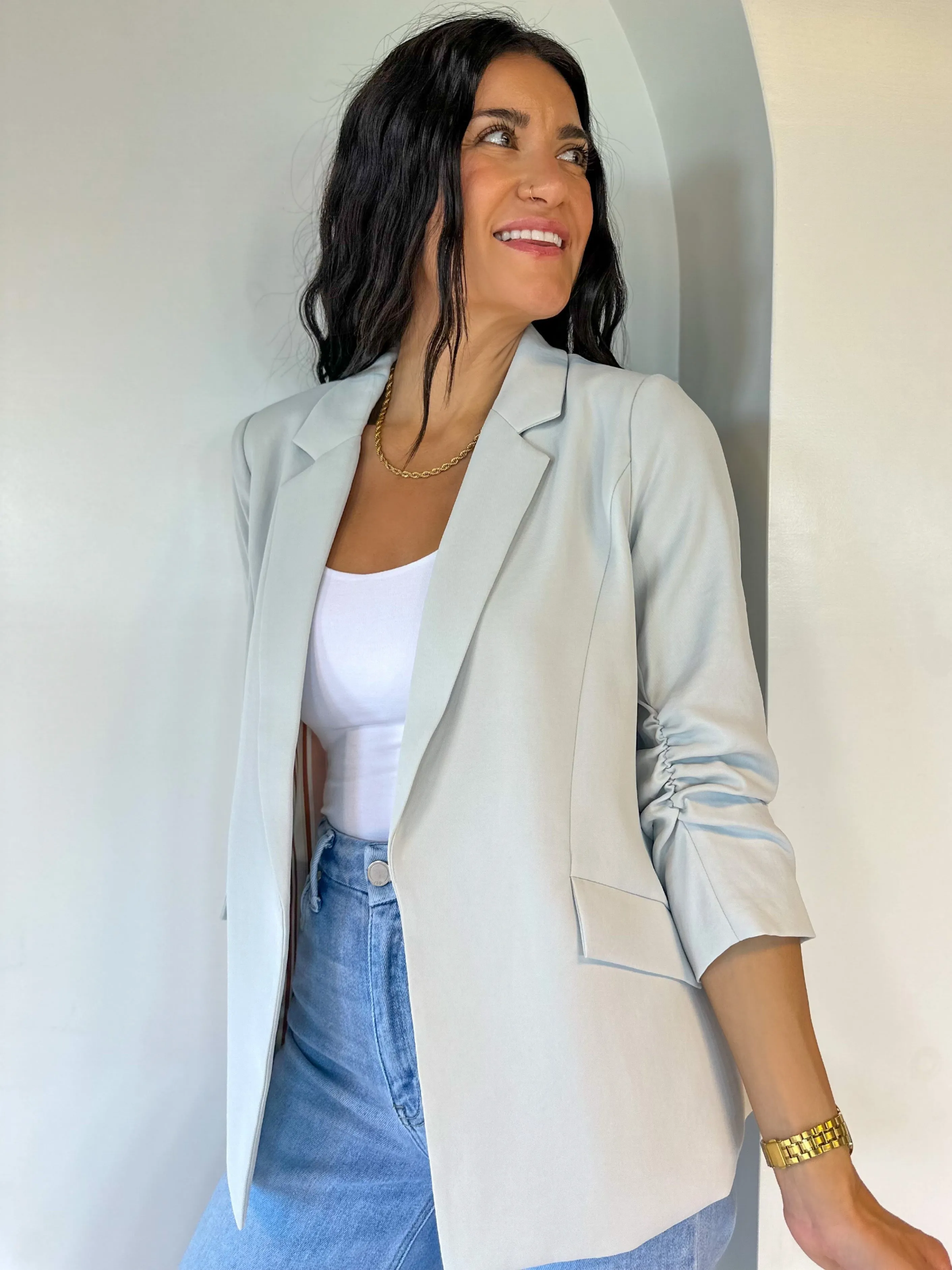 Chic Shirred Sleeve Blazer - Dove Grey