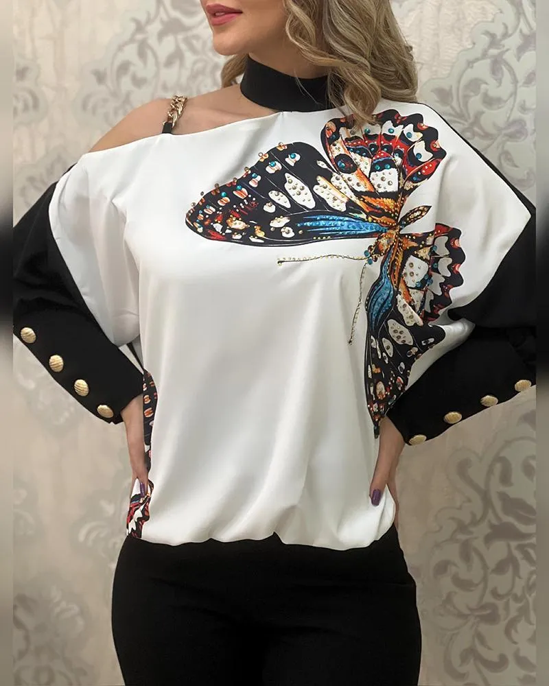 Colorblock Butterfly Print Buttoned Top