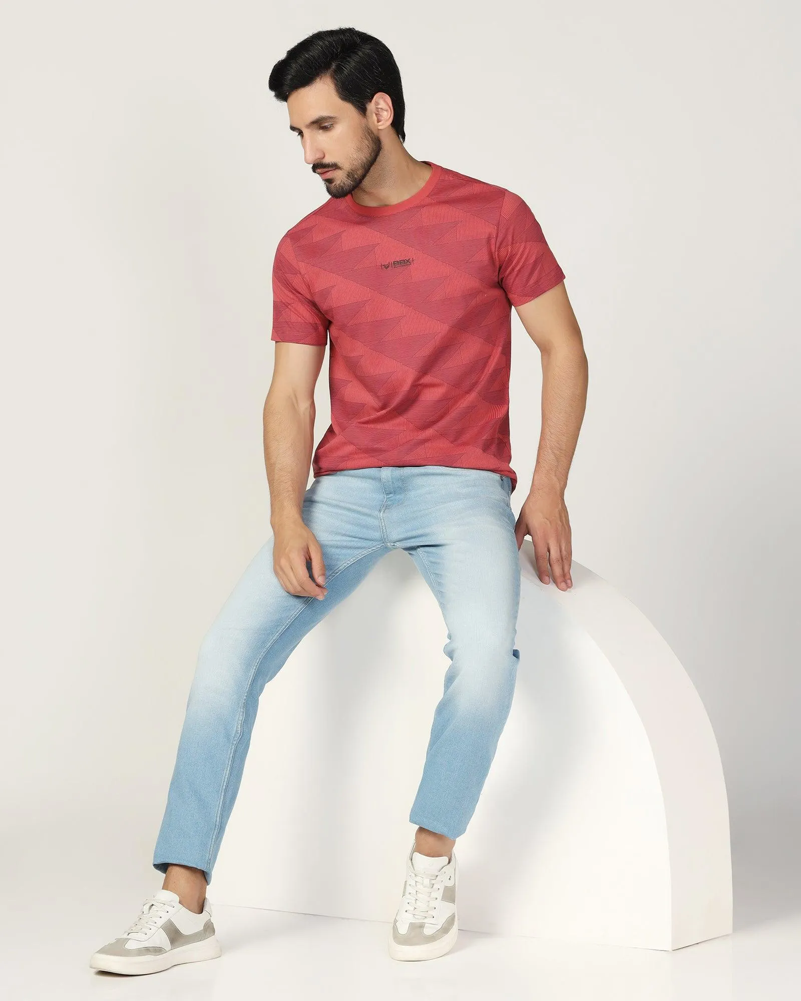 Crew Neck Mineral Rose Printed T-Shirt - Falcon
