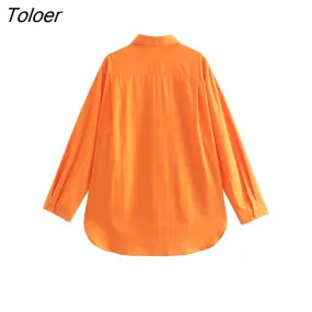 deanwangkt Women Fashion Oversize Orange Linen Shirt Office Lady Long Sleeve Split Business Blouse Roupas Chic Blusas Tops LS980