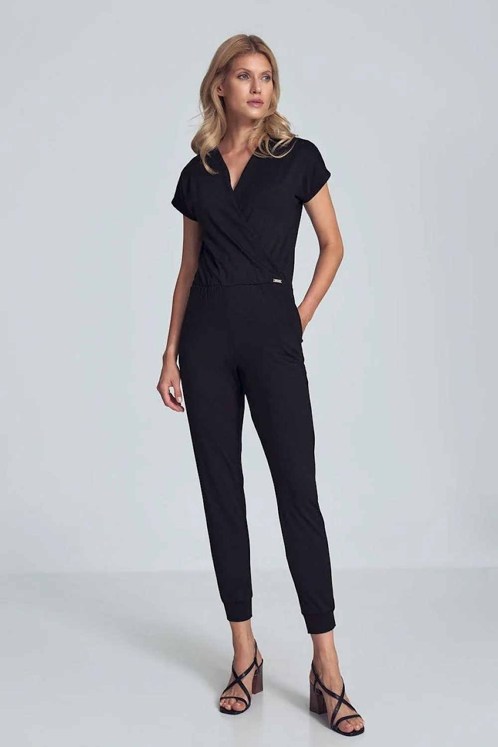 Elegant Black Jumpsuit with Trendy Envelope Neckline and Relaxed Elastic Waist