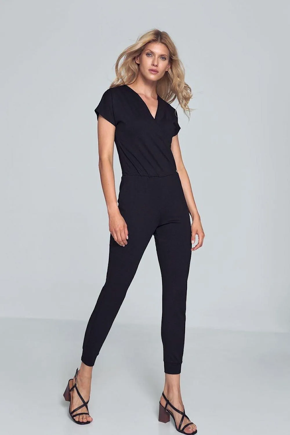 Elegant Black Jumpsuit with Trendy Envelope Neckline and Relaxed Elastic Waist