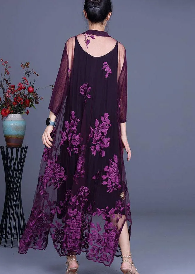 Elegant Purple tulle Embroideried Cardigans Two Piece Set Women Clothing