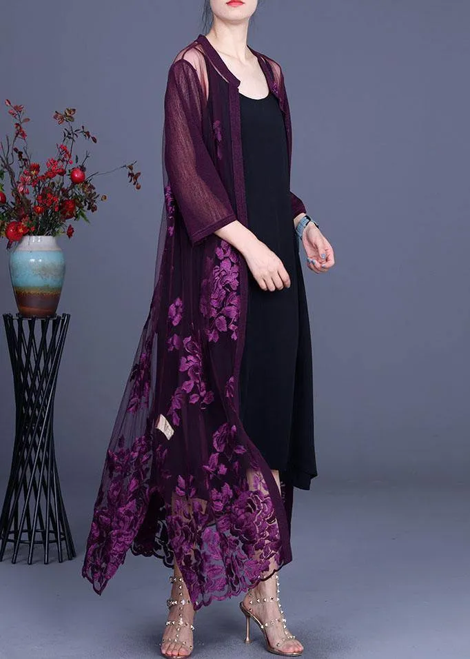 Elegant Purple tulle Embroideried Cardigans Two Piece Set Women Clothing