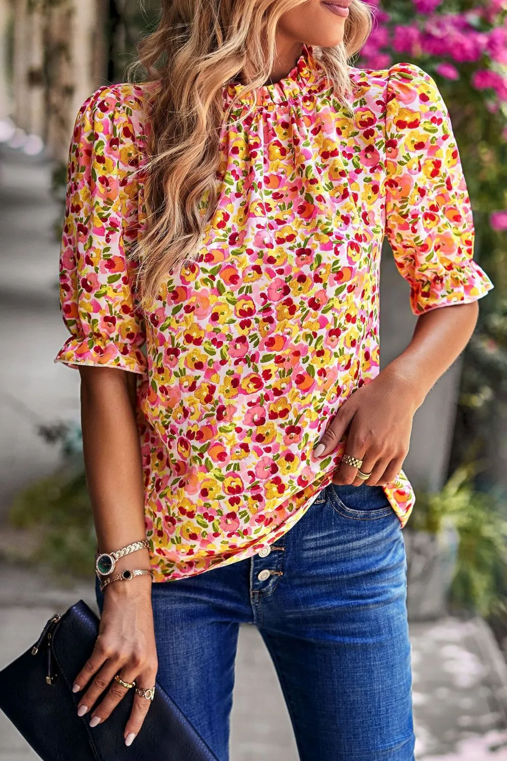 'Esther' Floral Ruffle Collar Flounce Sleeve Top (4 Colors)