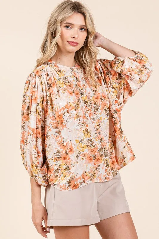 Flower Print Batwing Sleeve Button Down Blouse