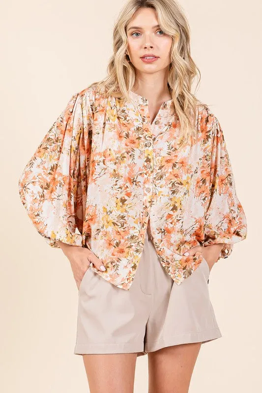 Flower Print Batwing Sleeve Button Down Blouse