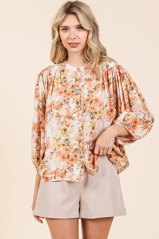 Flower Print Batwing Sleeve Button Down Blouse