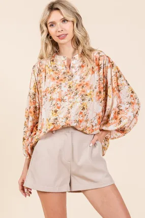 Flower Print Batwing Sleeve Button Down Blouse