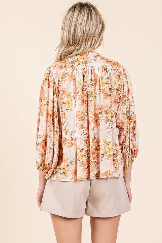 Flower Print Batwing Sleeve Button Down Blouse