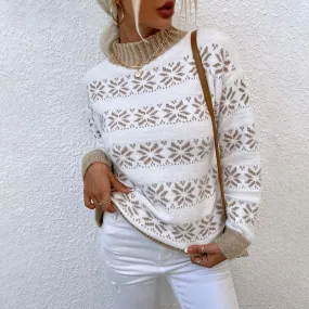 Half Neck Long Sleeve Knitted Snowflake Sweater