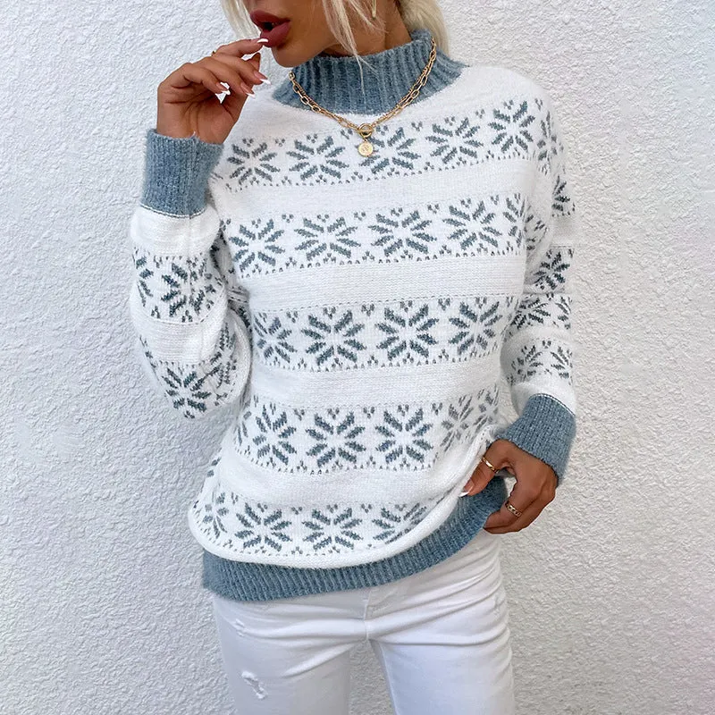 Half Neck Long Sleeve Knitted Snowflake Sweater