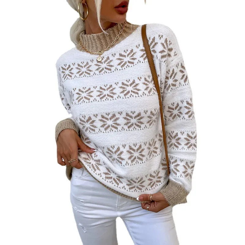 Half Neck Long Sleeve Knitted Snowflake Sweater