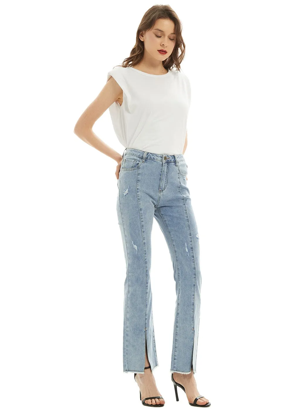 High Waist Distressed Slit Denim Jeans Long Pants with Pockets