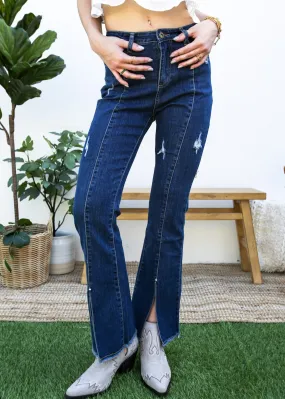 High Waist Distressed Slit Denim Jeans Long Pants with Pockets