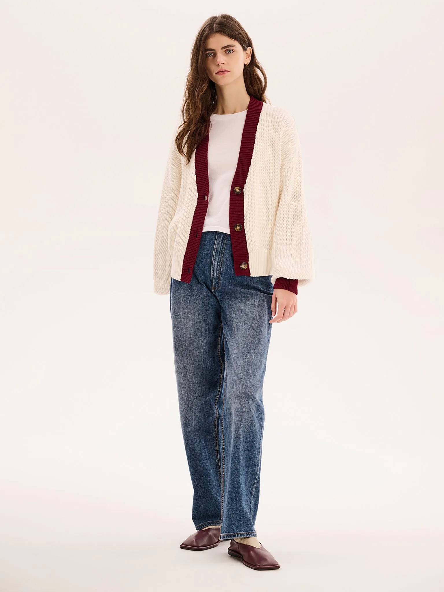 Hopper Cotton Cardigan in Cream/Burgundy