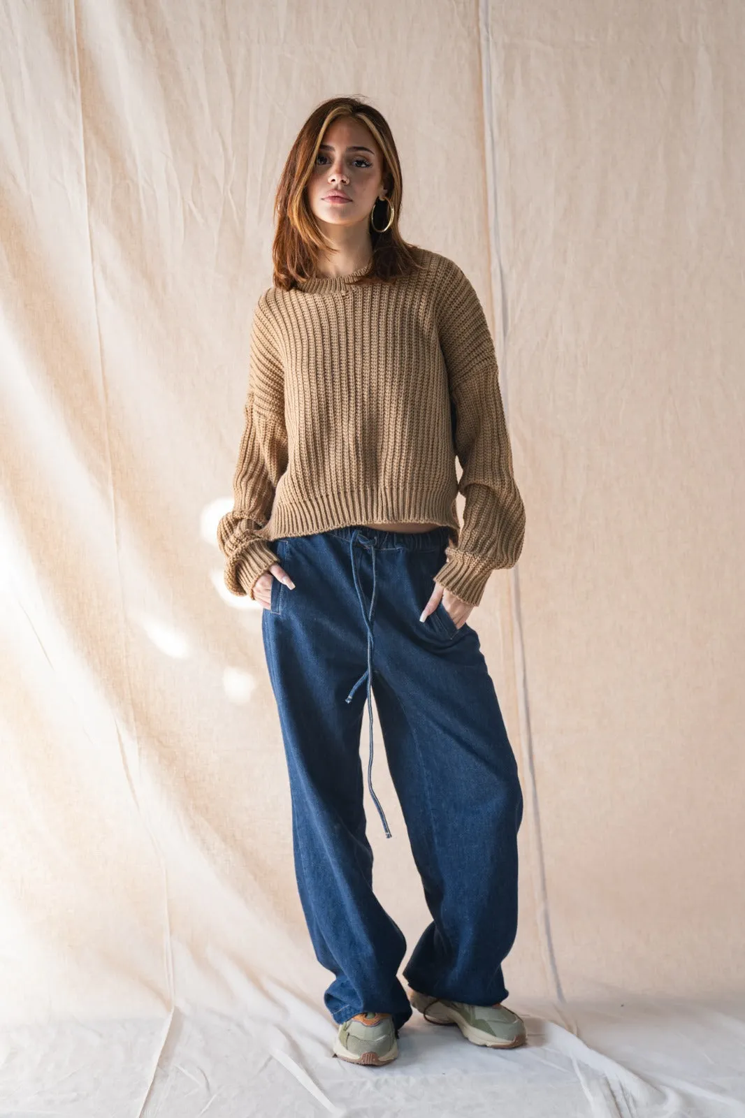 Knitted Cropped Sweater In Camel