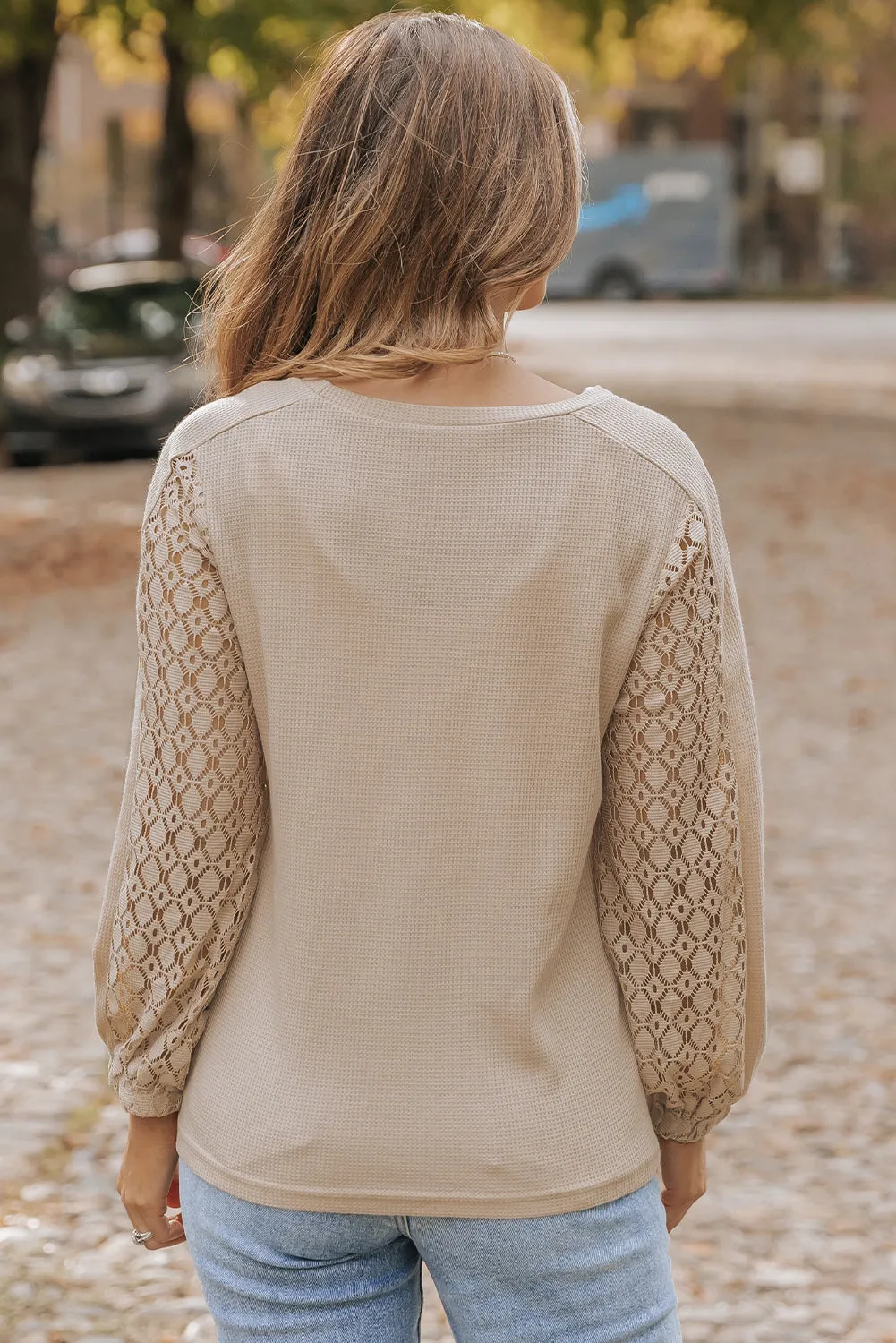 Lace Patch Sleeve Waffle Knit Top