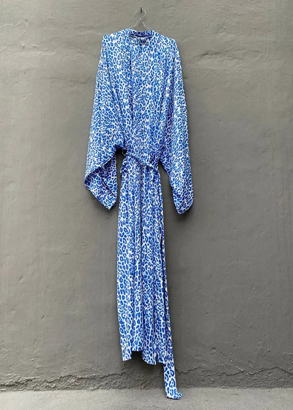 Loose Baby Blue V Neck Print Tie Wais Cotton Holiday Long Cardigans Summer LY3013