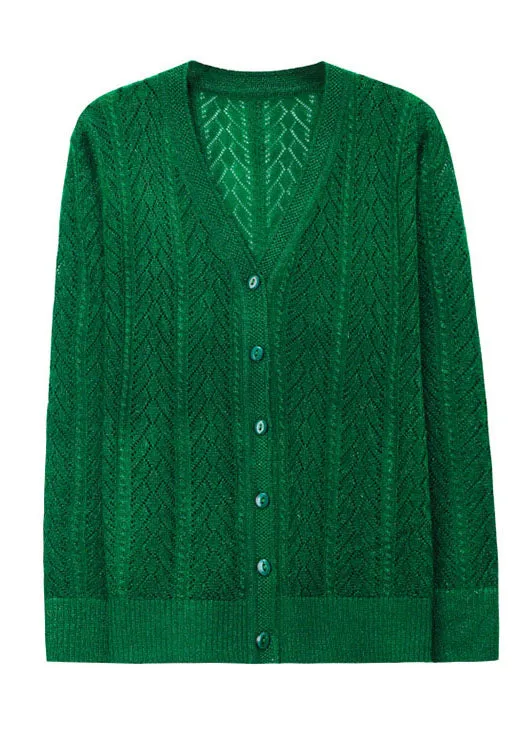 Loose Green V Neck Hollow Out Button Patchwork Knit Cardigans Fall LY9211