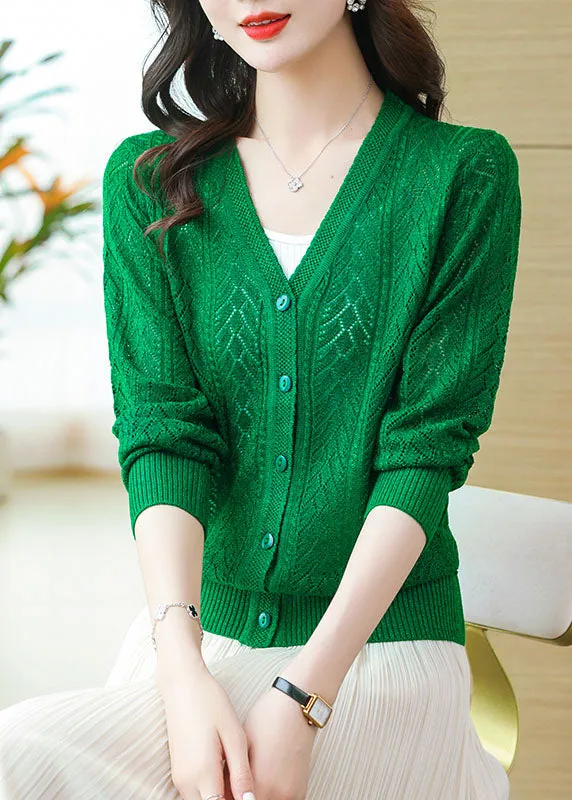 Loose Green V Neck Hollow Out Button Patchwork Knit Cardigans Fall LY9211