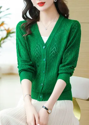 Loose Green V Neck Hollow Out Button Patchwork Knit Cardigans Fall LY9211