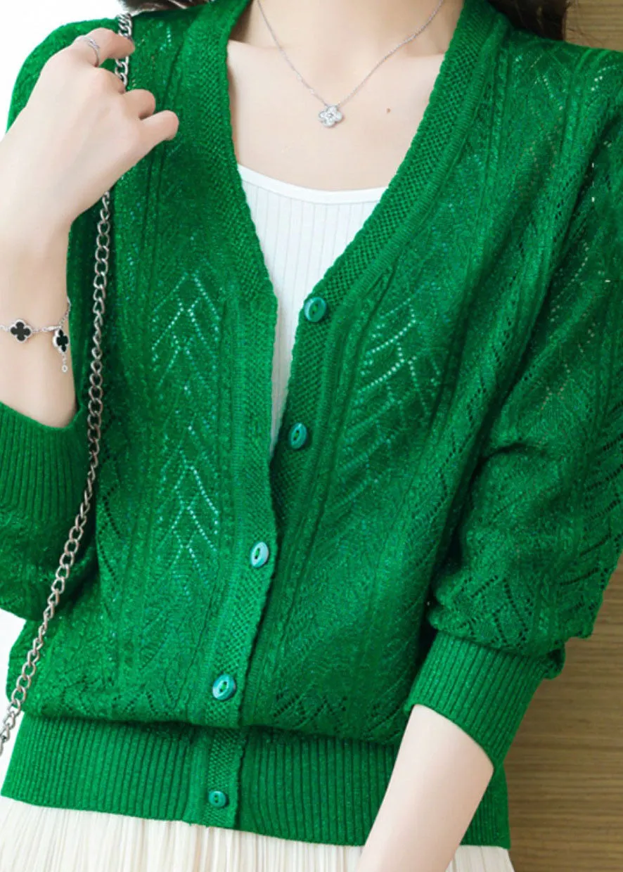 Loose Green V Neck Hollow Out Button Patchwork Knit Cardigans Fall LY9211