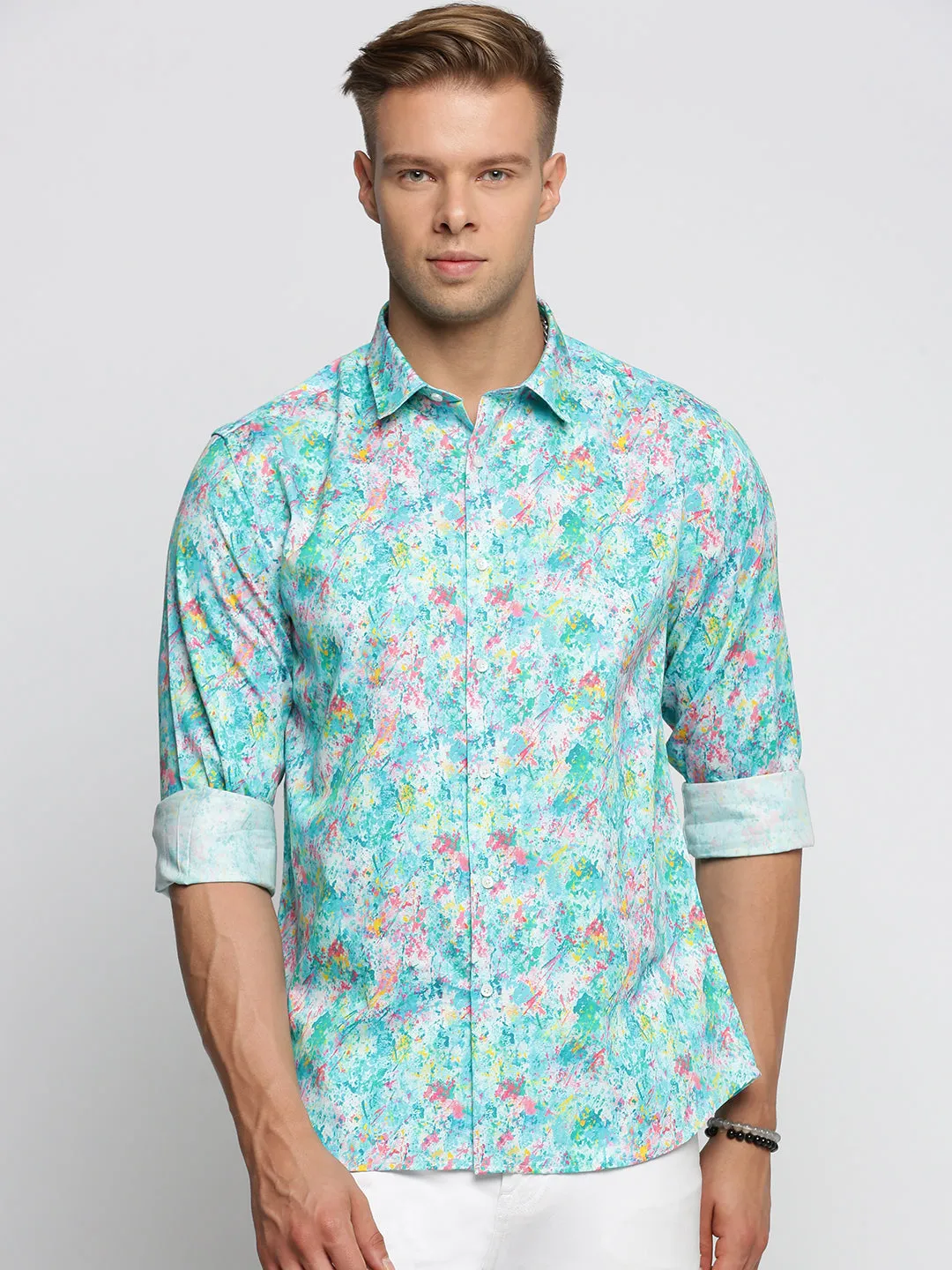 Men Turquoise Blue Spread Collar Abstract Shirt