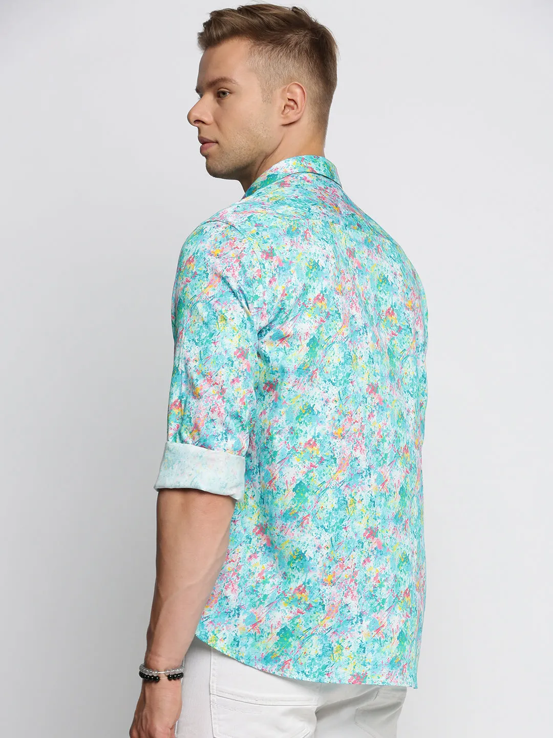 Men Turquoise Blue Spread Collar Abstract Shirt