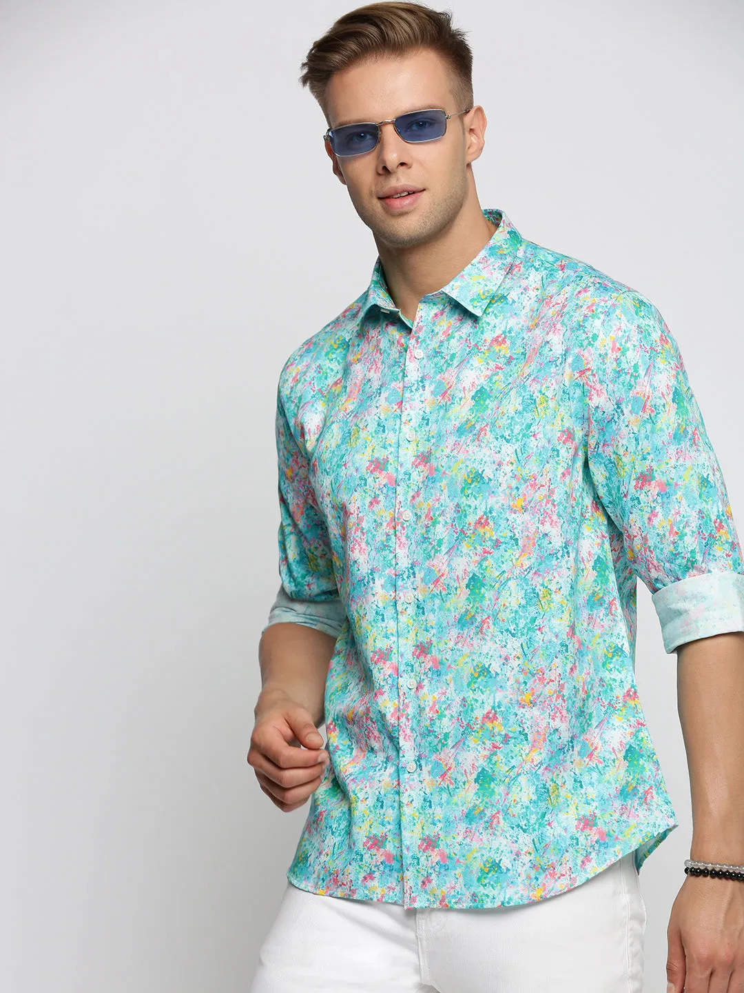 Men Turquoise Blue Spread Collar Abstract Shirt