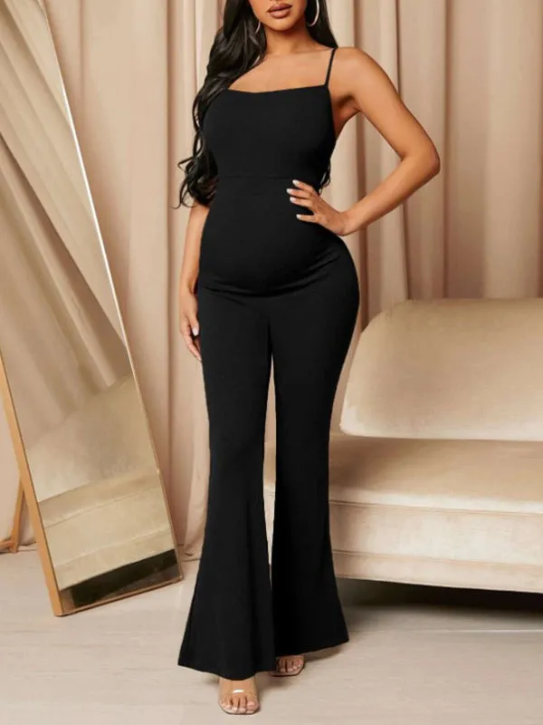 Momnfancy Spaghetti Strap Bodycon Flare Bell Bottom Fashion Modern Chic Maternity Jumpsuit