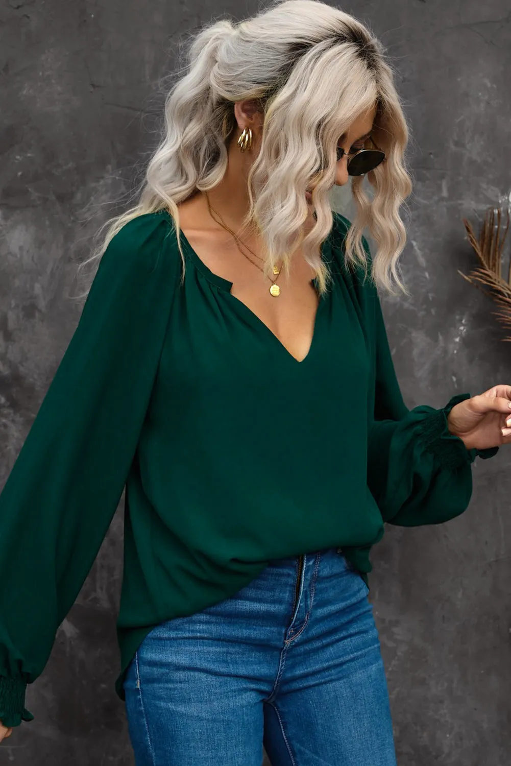 Notched Neck Lantern Sleeve Blouse