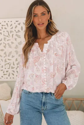 Paisley Buttons Bubble Sleeve Blouse