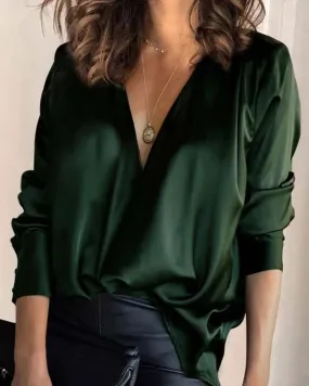 Satin V Neck Long Sleeve Top