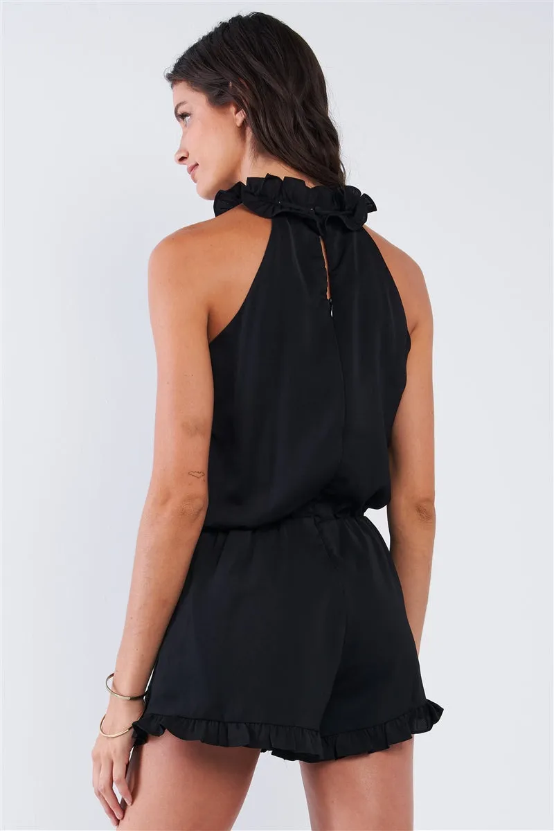 Solid Black Satin Relaxed Fit Stretchy Waist Frill Hem Mock Neck Romper