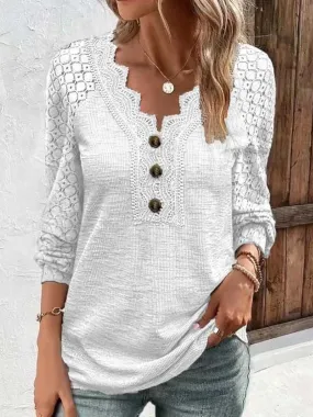 Stunncal Comfortable Casual Lace Splicing V-Neck Pullover Top Women's T-Shirt