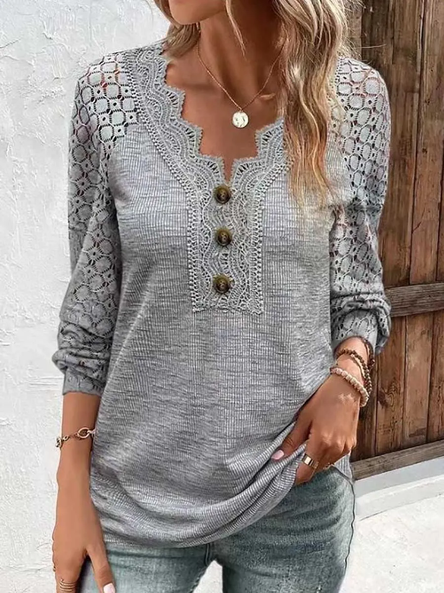 Stunncal Comfortable Casual Lace Splicing V-Neck Pullover Top Women's T-Shirt